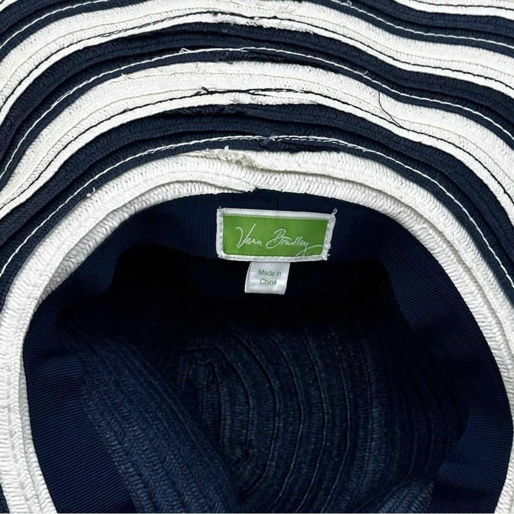 Vera Bradley Women’s Wide Brim Navy Blue & White Striped Straw Sun Hat - Picture 4 of 4